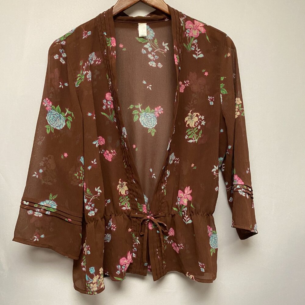Vintage Y2K Old Navy Floral Kimono Brown Bell Sleeve Lightweight Sheer Women L